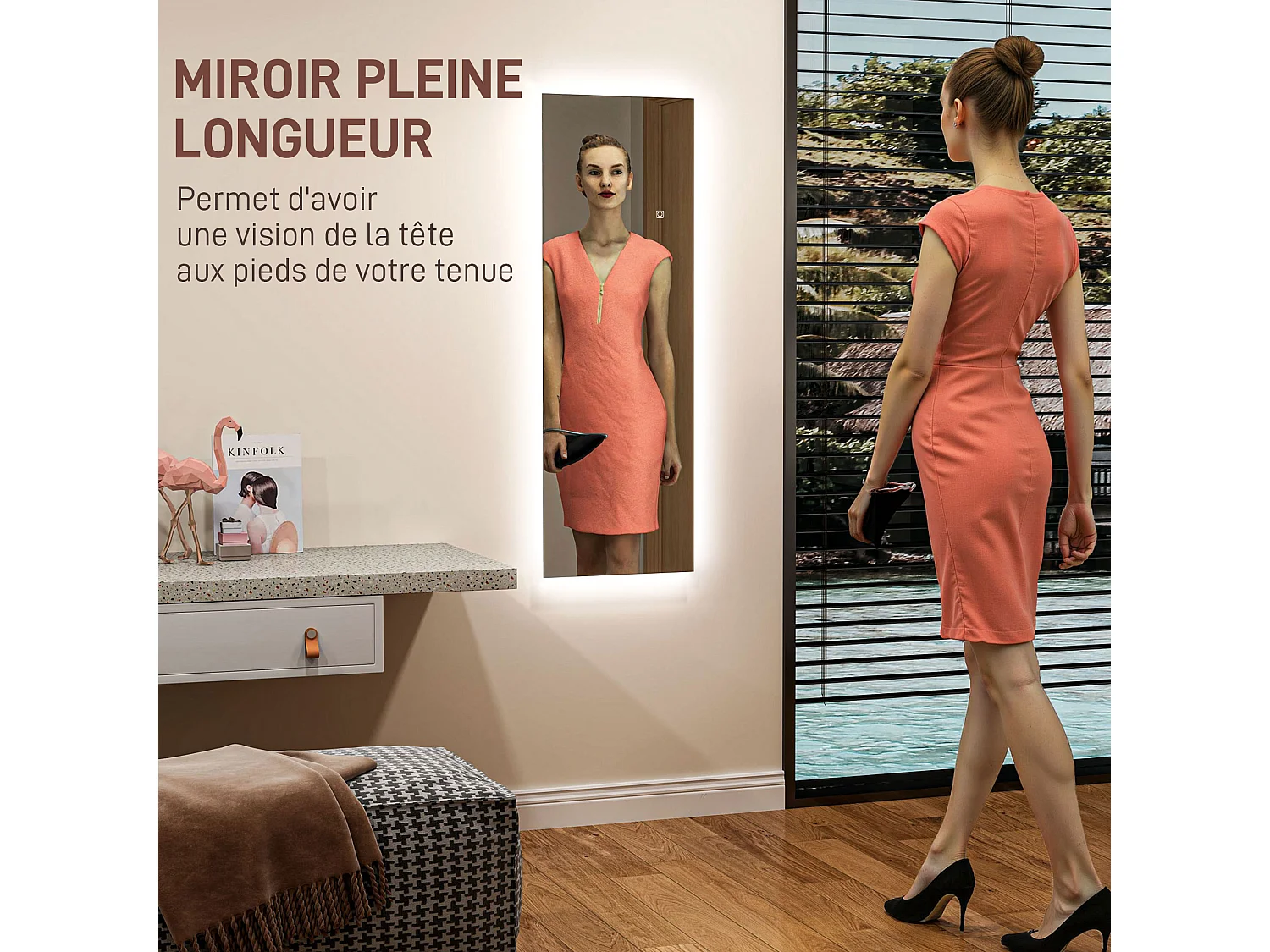 Miroir mural LED pleine longueur dim. 40L x 120H cm - miroir LED réglable tactile - verre trempé