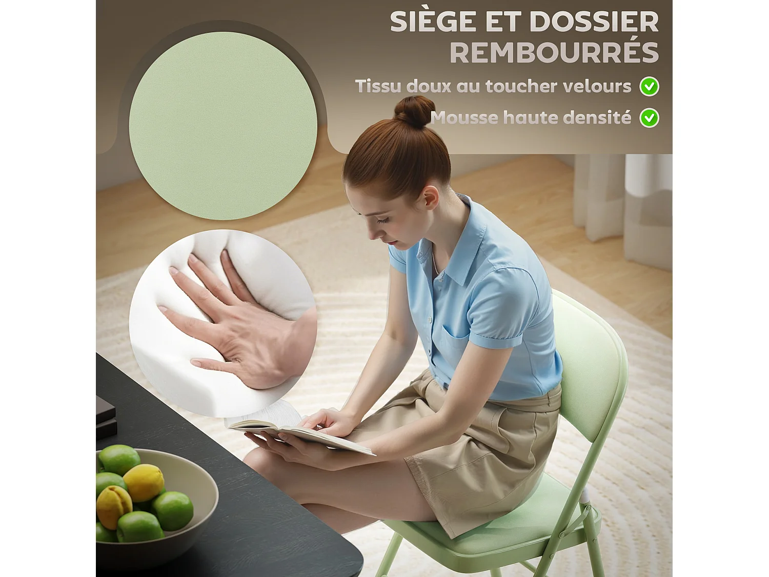 Lot de 4 chaises pliantes assise dossier rembourrés acier velours vert