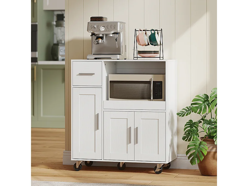 Desserte cuisine mobile - meuble micro-ondes plateau extensible - 3 portes, tiroir, étagère - blanc