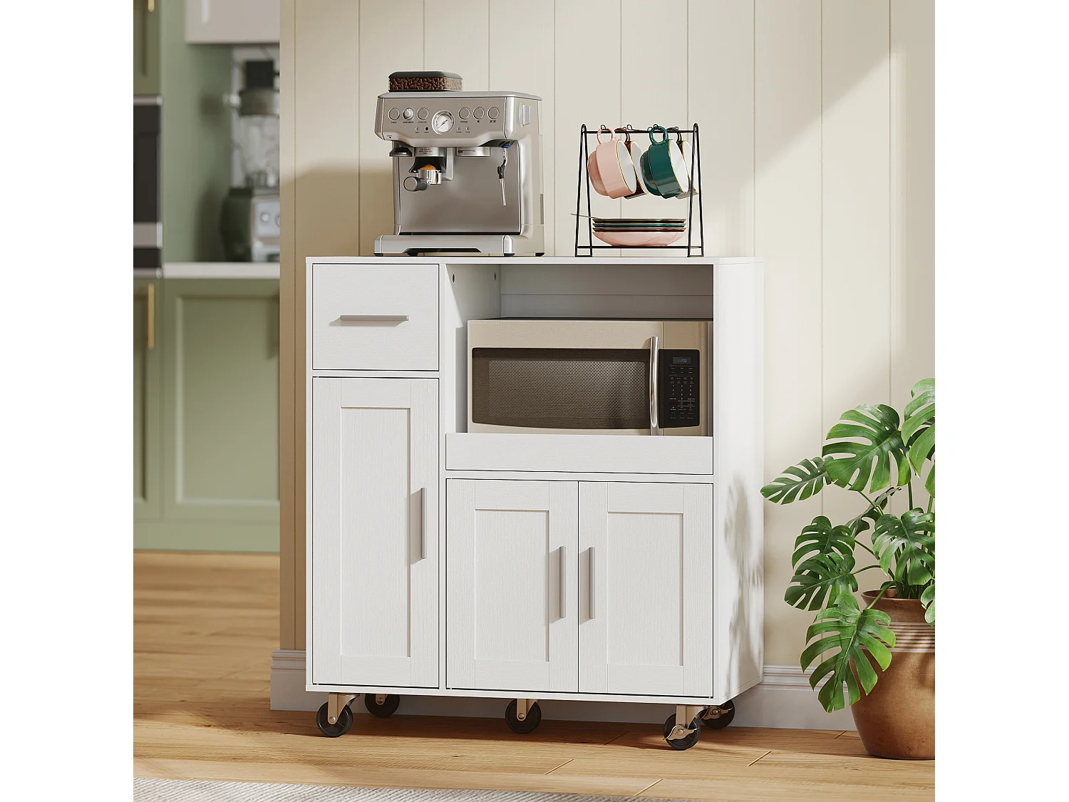 Desserte cuisine mobile - meuble micro-ondes plateau extensible - 3 portes, tiroir, étagère - blanc