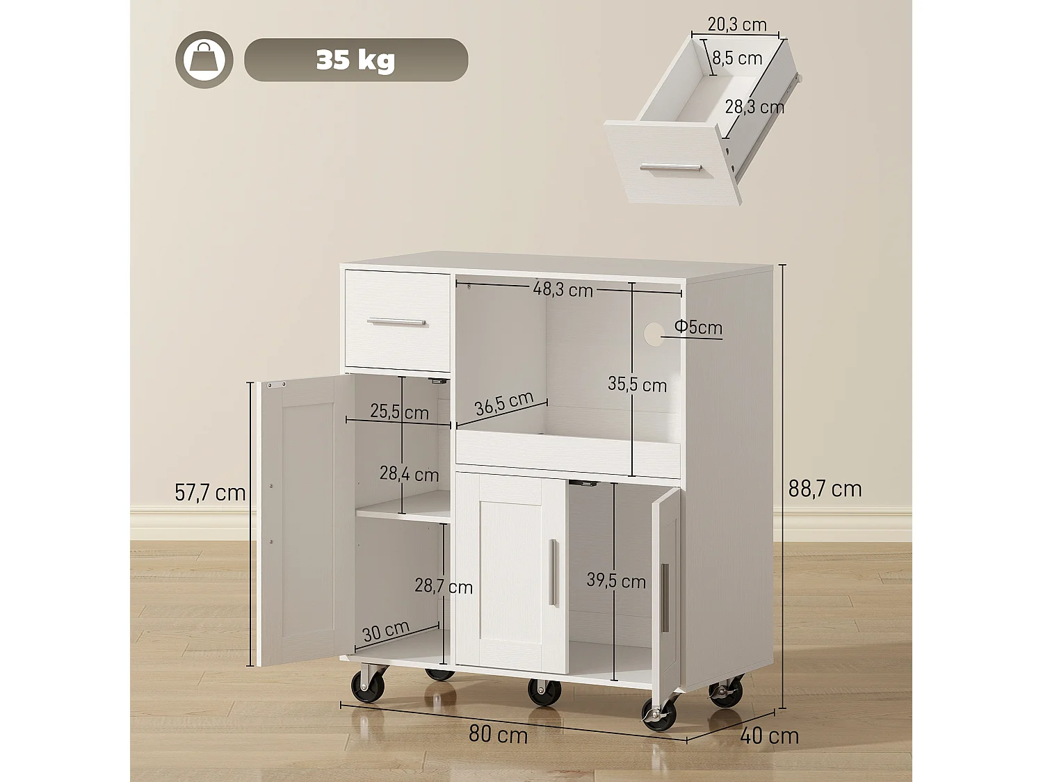 Desserte cuisine mobile - meuble micro-ondes plateau extensible - 3 portes, tiroir, étagère - blanc