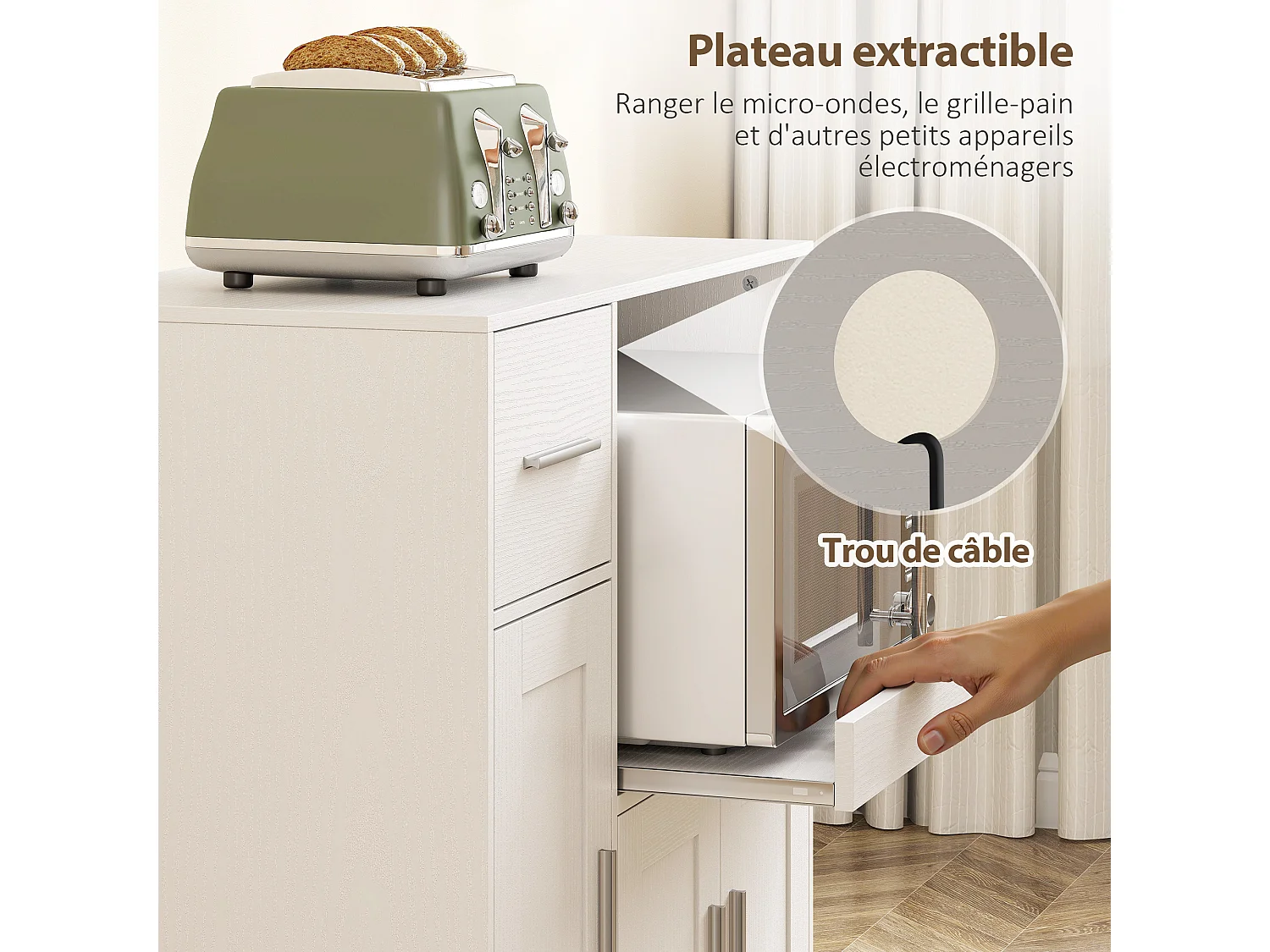 Desserte cuisine mobile - meuble micro-ondes plateau extensible - 3 portes, tiroir, étagère - blanc