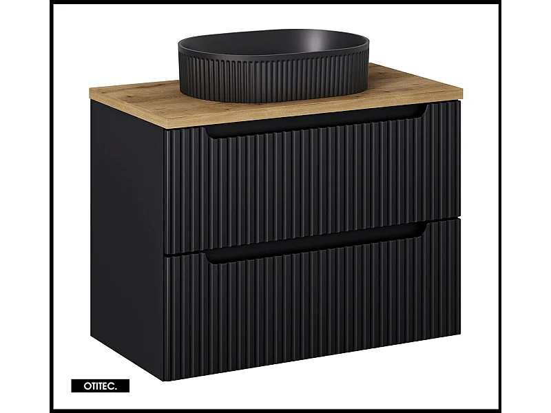 Meuble sous vasque de 80 cm - avec vasque à poser - avec plan - Noir/Oak - 2 tiroirs - VOLTA BLACK