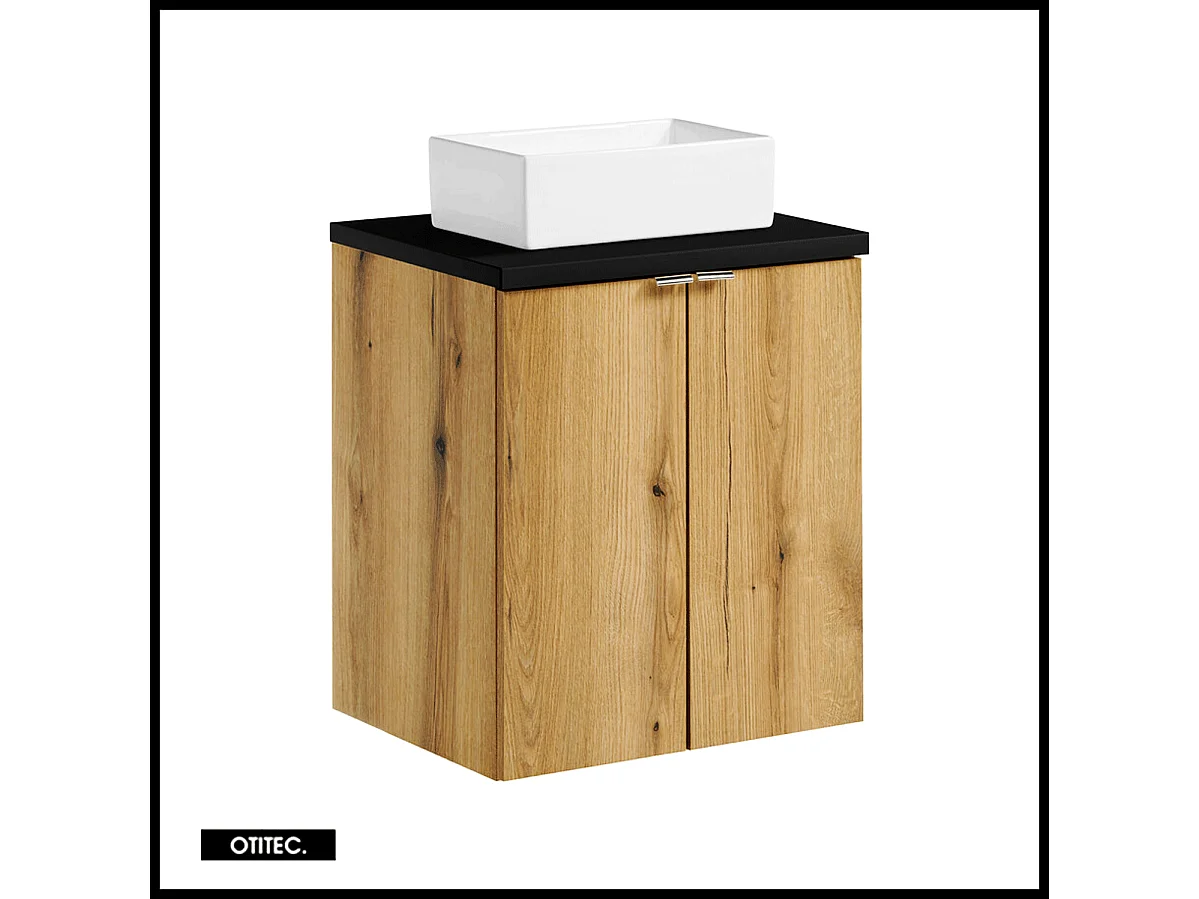 Meuble sous vasque de 50 cm - avec vasque à poser - avec plan - Noir/Oak - 2 portes - VOLTA OAK