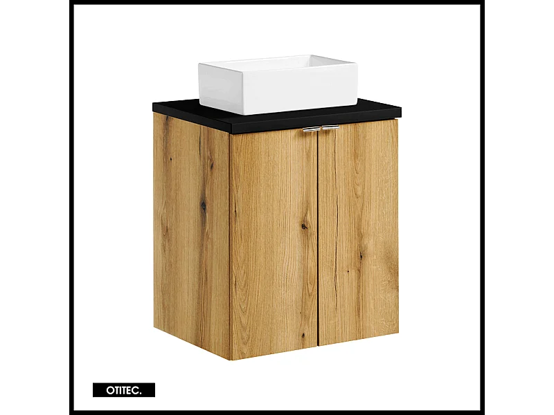 Meuble sous vasque de 50 cm - avec vasque à poser - avec plan - Noir/Oak - 2 portes - VOLTA OAK
