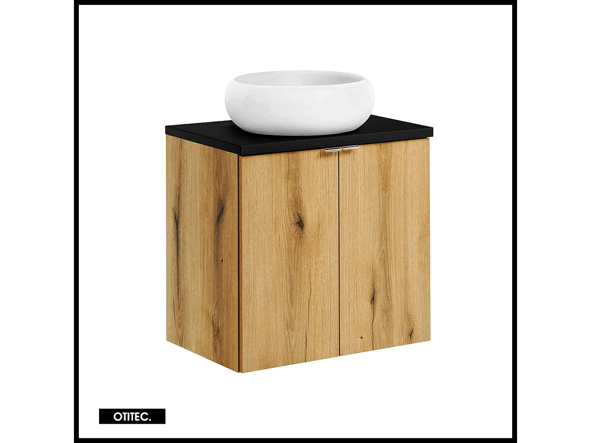 Meuble sous vasque de 60 cm - avec vasque à poser - avec plan - Noir/Oak - 2 portes - VOLTA OAK