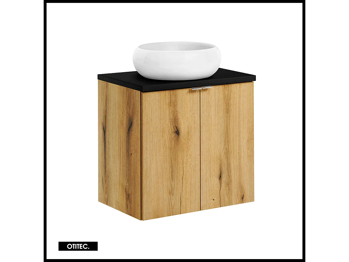 Meuble sous vasque de 60 cm - avec vasque à poser - avec plan - Noir/Oak - 2 portes - VOLTA OAK