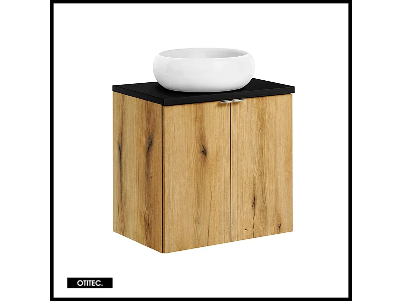 Meuble sous vasque de 60 cm - avec vasque à poser - avec plan - Noir/Oak - 2 portes - VOLTA OAK