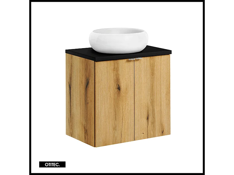 Meuble sous vasque de 60 cm - avec vasque à poser - avec plan - Noir/Oak - 2 portes - VOLTA OAK