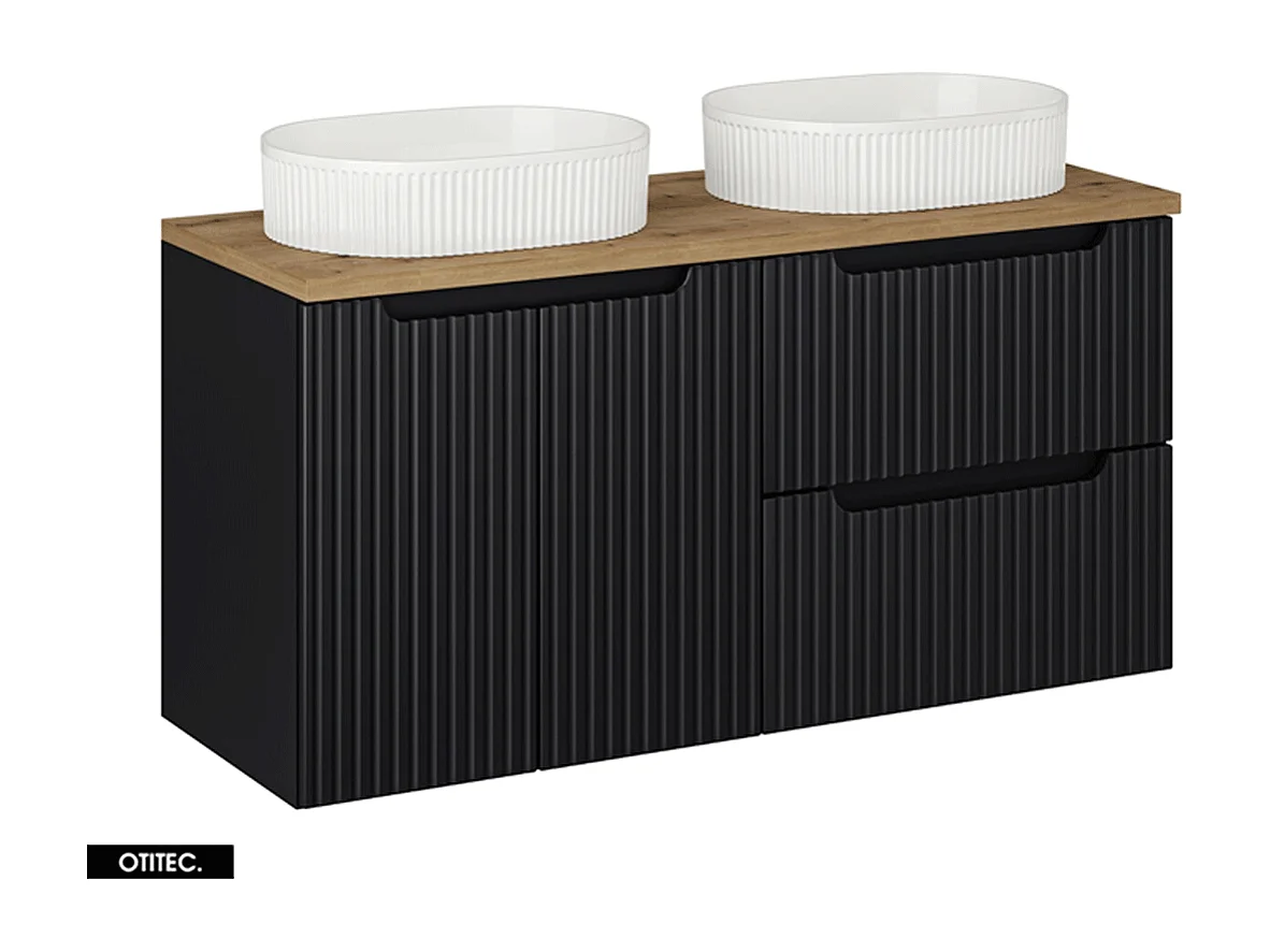 Meuble sous vasque de 120 cm - avec 2 vasques à poser - avec plan - Noir - 2 portes/tiroirs - VOLTA BLACK