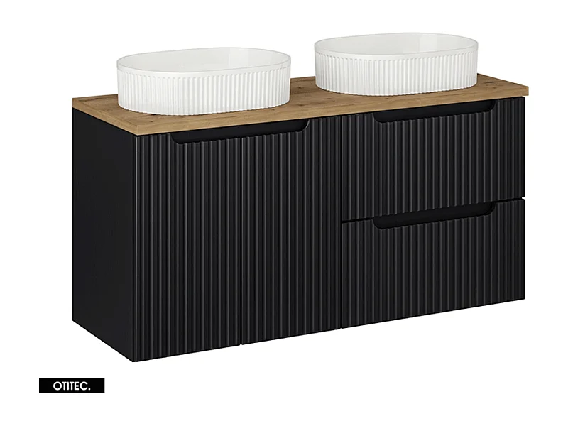 Meuble sous vasque de 120 cm - avec 2 vasques à poser - avec plan - Noir - 2 portes/tiroirs - VOLTA BLACK