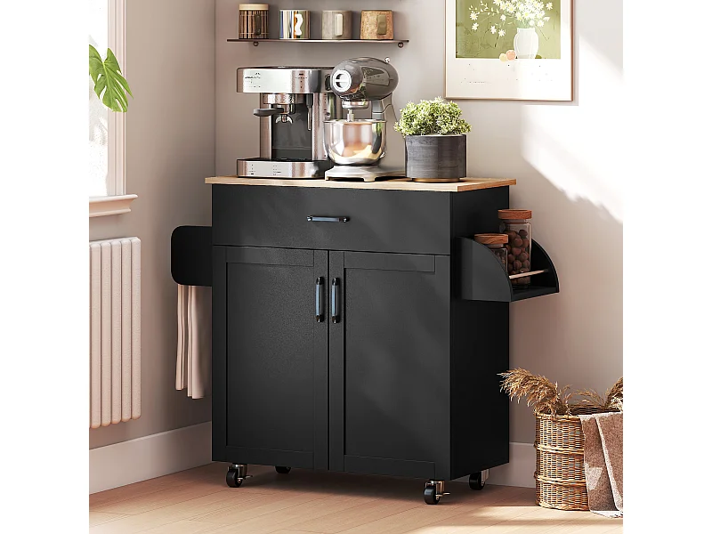 Desserte de cuisine 2 portes avec étagère tiroir coulissant porte-torchons étagère épices noir aspect chêne clair