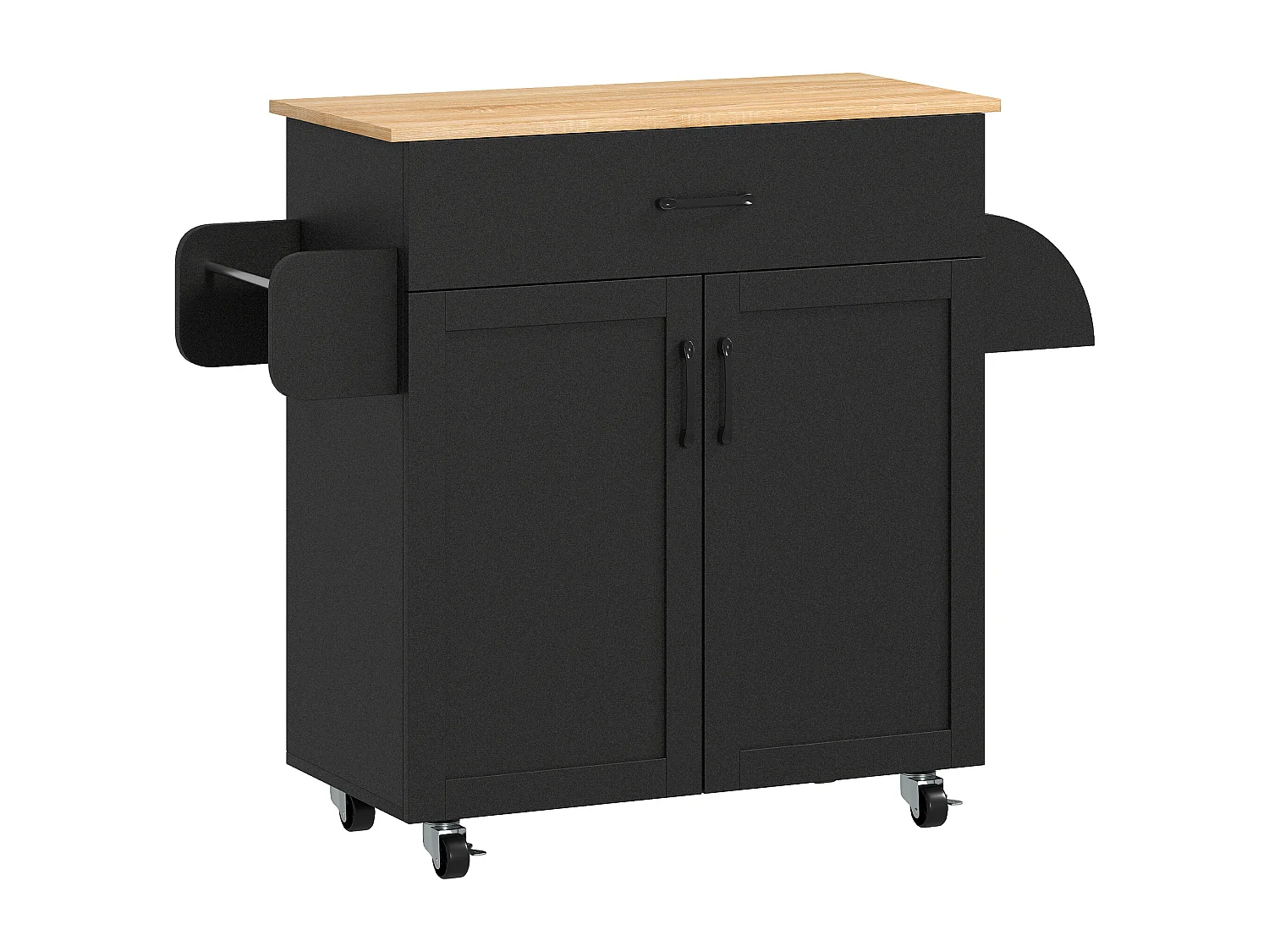 Desserte de cuisine 2 portes avec étagère tiroir coulissant porte-torchons étagère épices noir aspect chêne clair