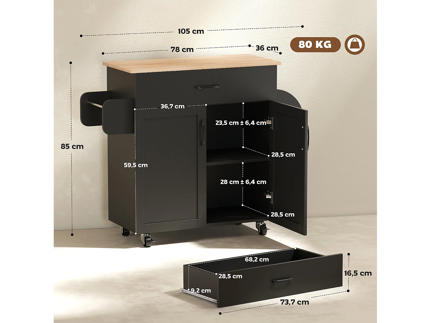 Desserte de cuisine 2 portes avec étagère tiroir coulissant porte-torchons étagère épices noir aspect chêne clair