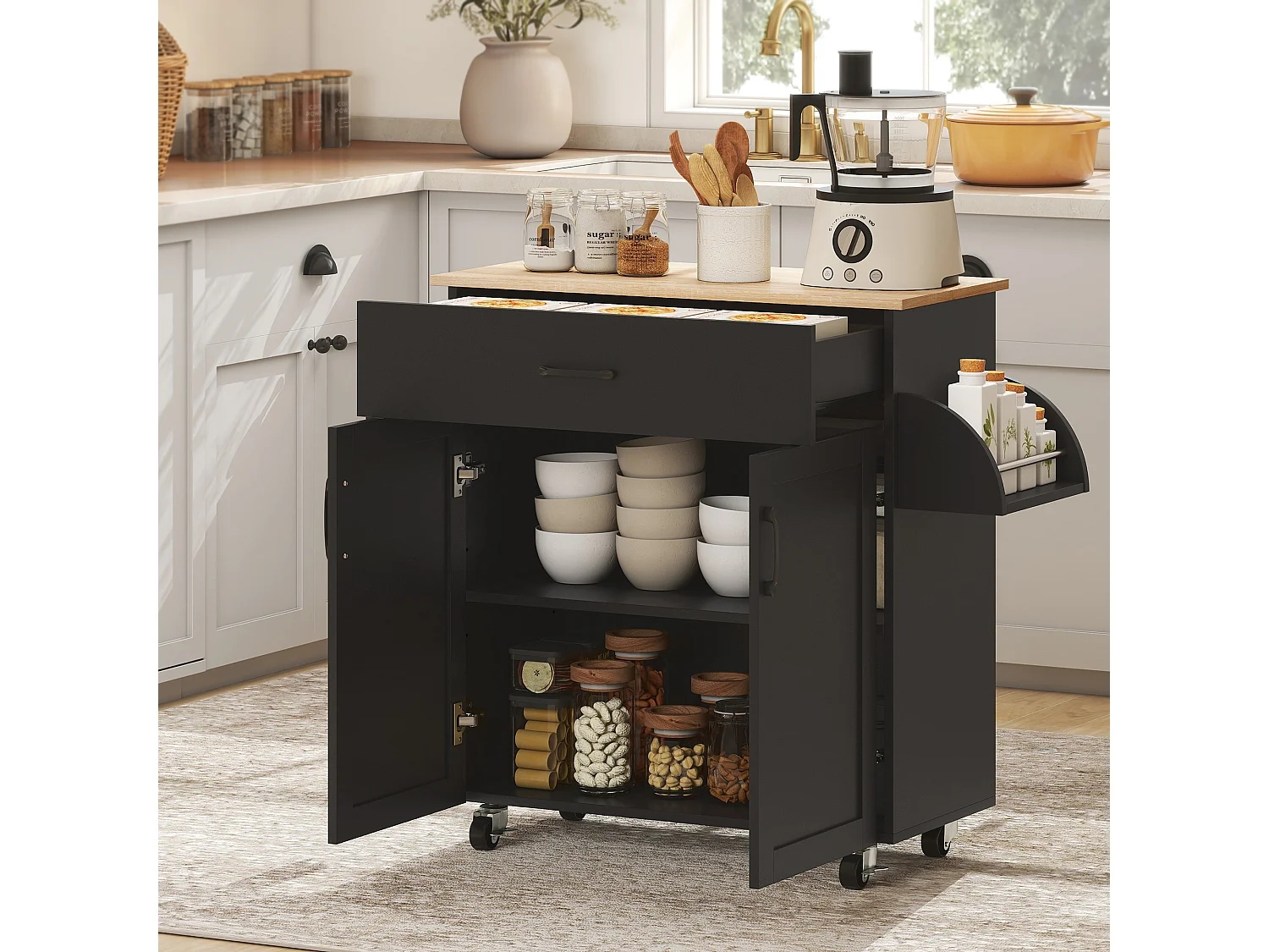 Desserte de cuisine 2 portes avec étagère tiroir coulissant porte-torchons étagère épices noir aspect chêne clair