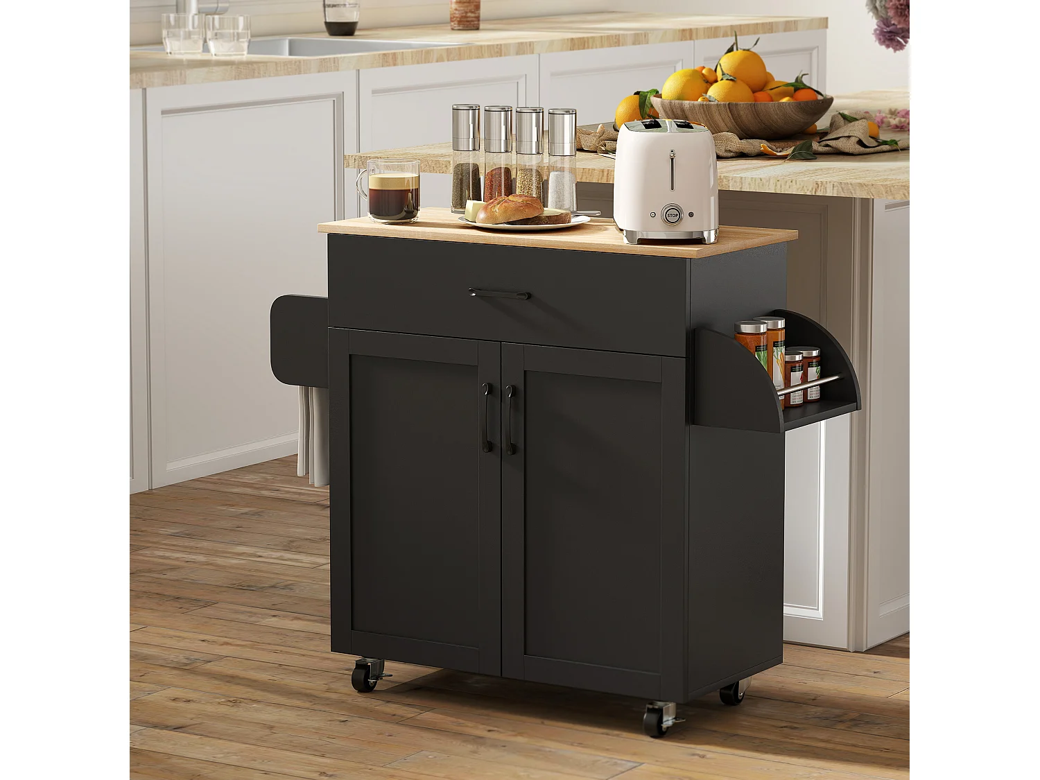 Desserte de cuisine 2 portes avec étagère tiroir coulissant porte-torchons étagère épices noir aspect chêne clair