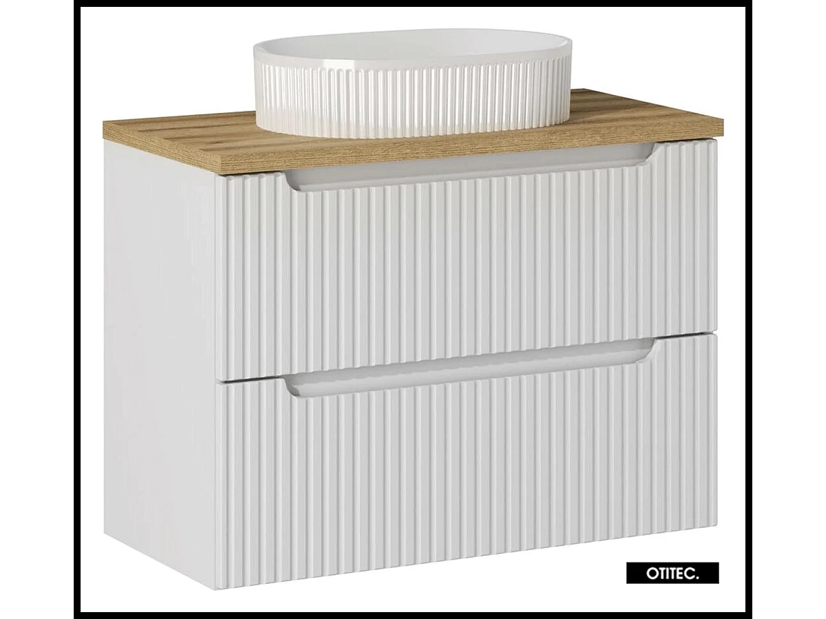 Meuble sous vasque de 80 cm - avec vasque à poser - avec plan - Blanc - 2 tiroirs - VOLTA WHITE