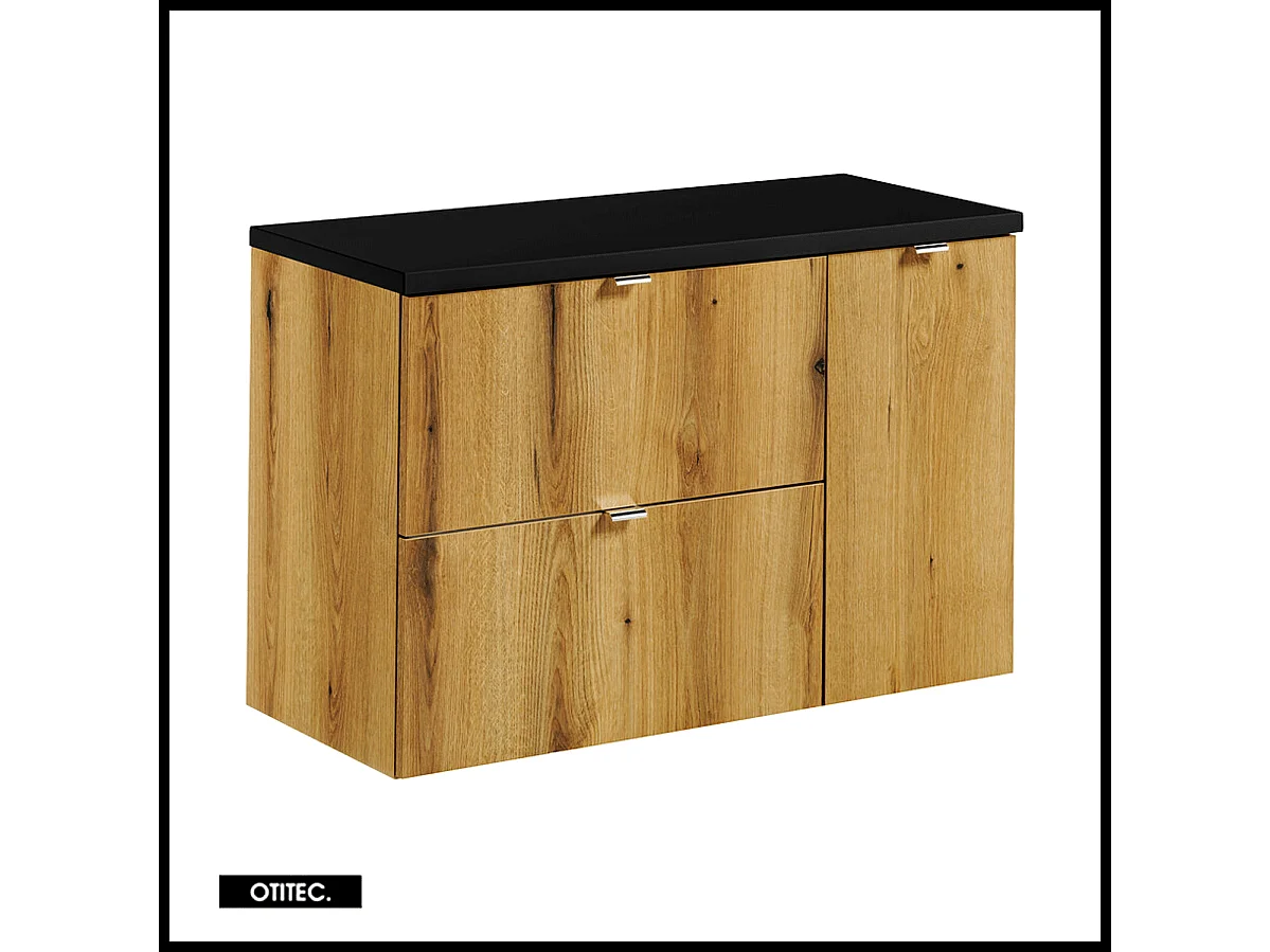 Meuble sous vasque de 90 cm - avec plan - Noir/Oak - 2 tiroirs - VOLTA OAK