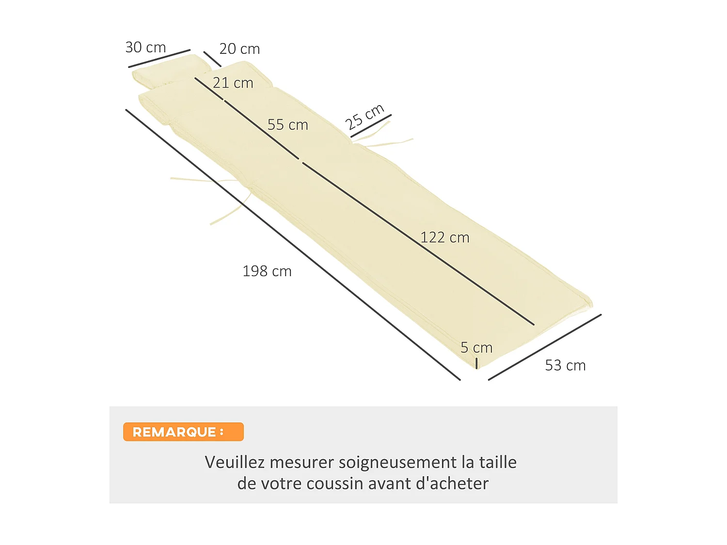 Matelas bain de soleil déhoussable - coussin de transat - matelas de chaise longue - 198 x 53 x 5 cm - tissu sable