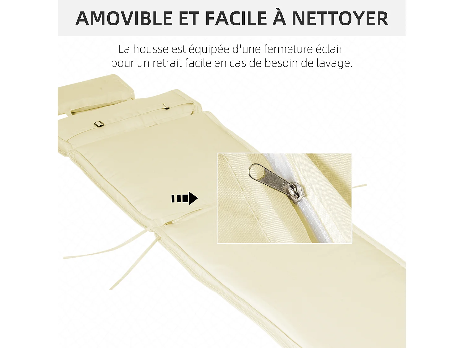 Matelas bain de soleil déhoussable - coussin de transat - matelas de chaise longue - 198 x 53 x 5 cm - tissu sable