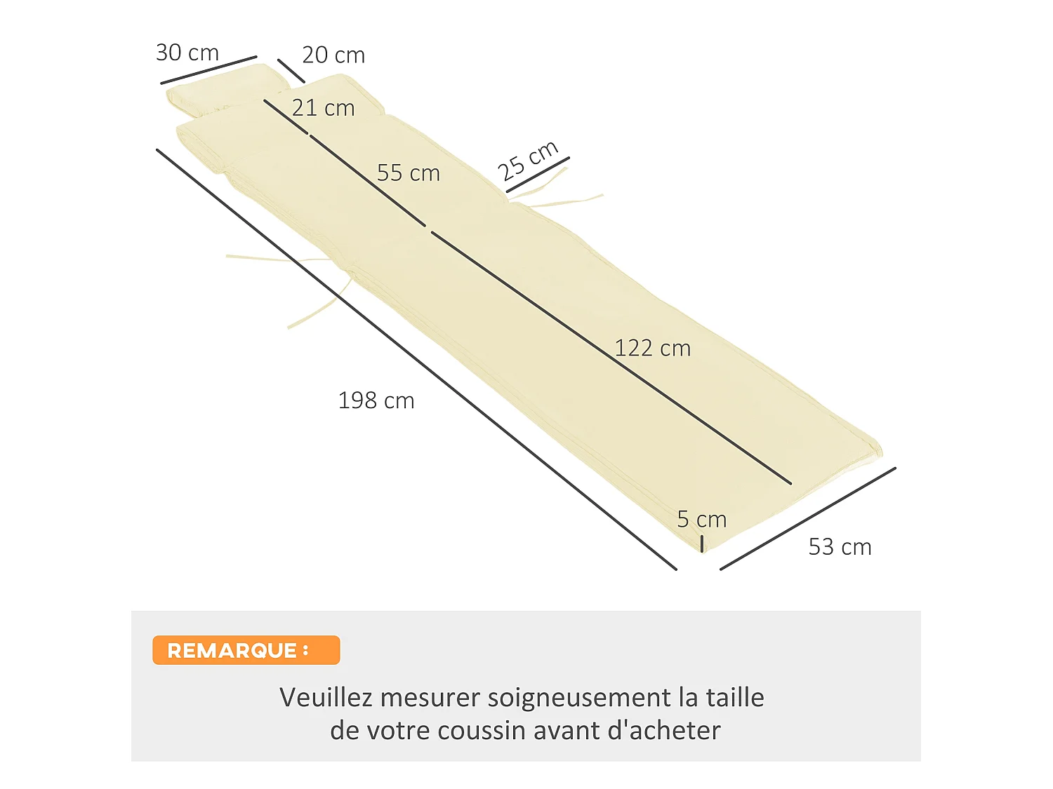 Matelas bain de soleil déhoussable - coussin de transat - matelas de chaise longue - 198 x 53 x 5 cm - tissu sable