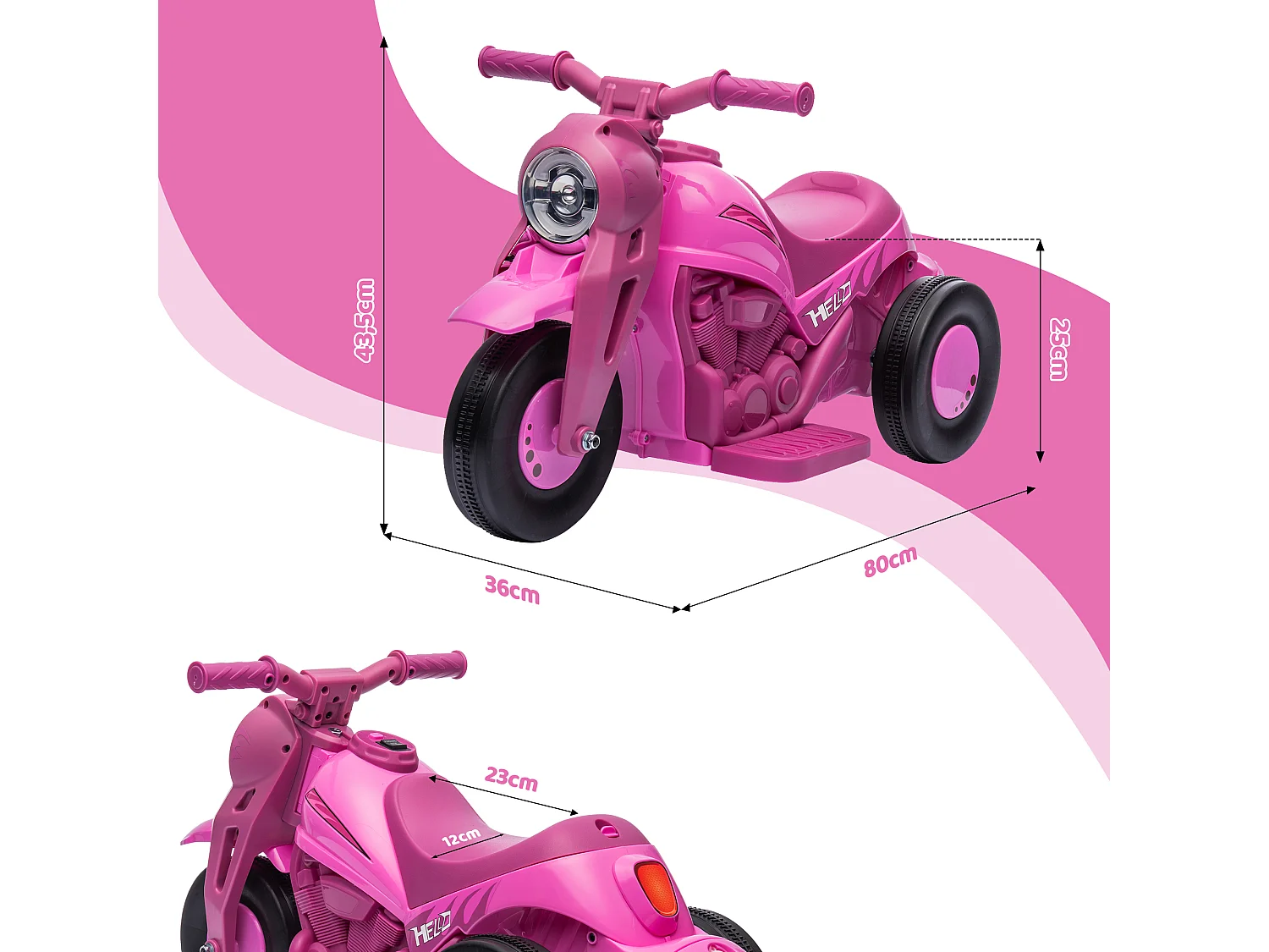 Moto électrique enfant chopper 6V env. 3Km/h 3 roues effets lumineux sonores fonction bulles rose