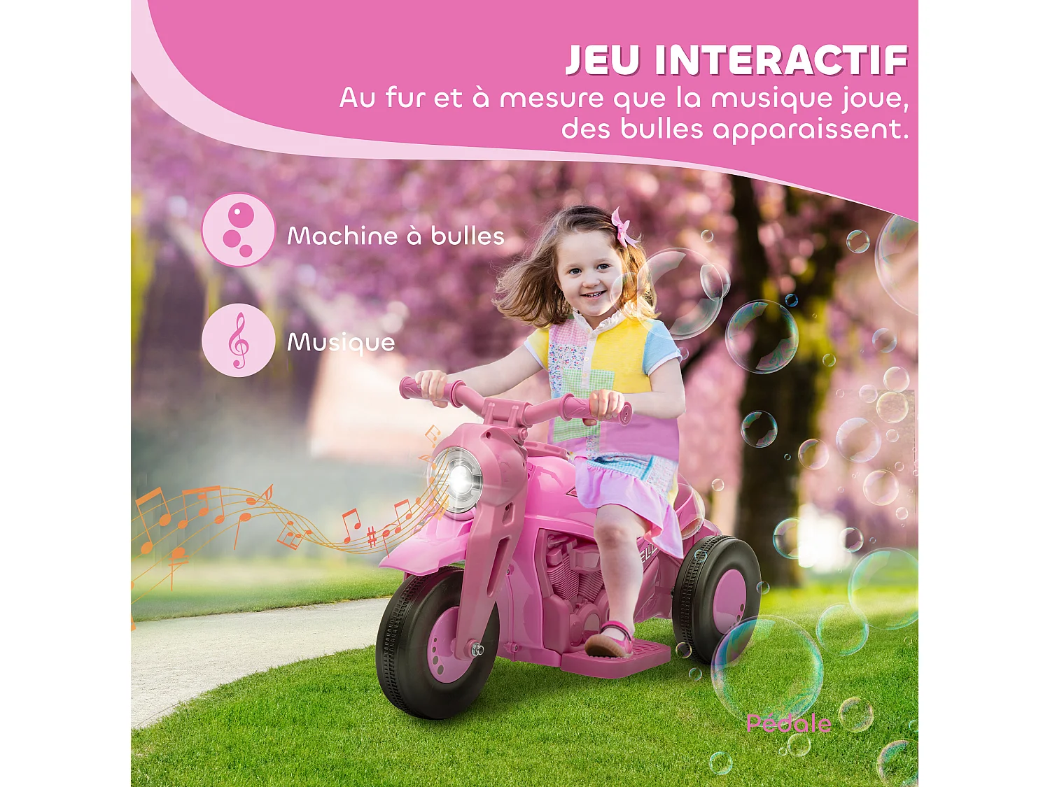 Moto électrique enfant chopper 6V env. 3Km/h 3 roues effets lumineux sonores fonction bulles rose