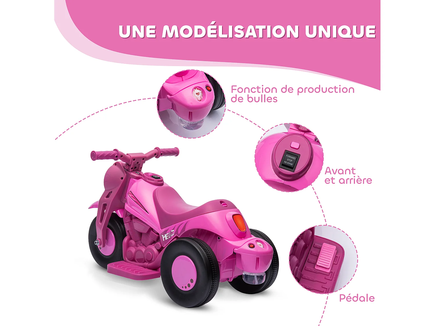 Moto électrique enfant chopper 6V env. 3Km/h 3 roues effets lumineux sonores fonction bulles rose