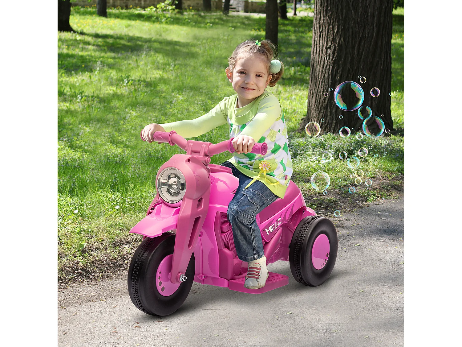 Moto électrique enfant chopper 6V env. 3Km/h 3 roues effets lumineux sonores fonction bulles rose