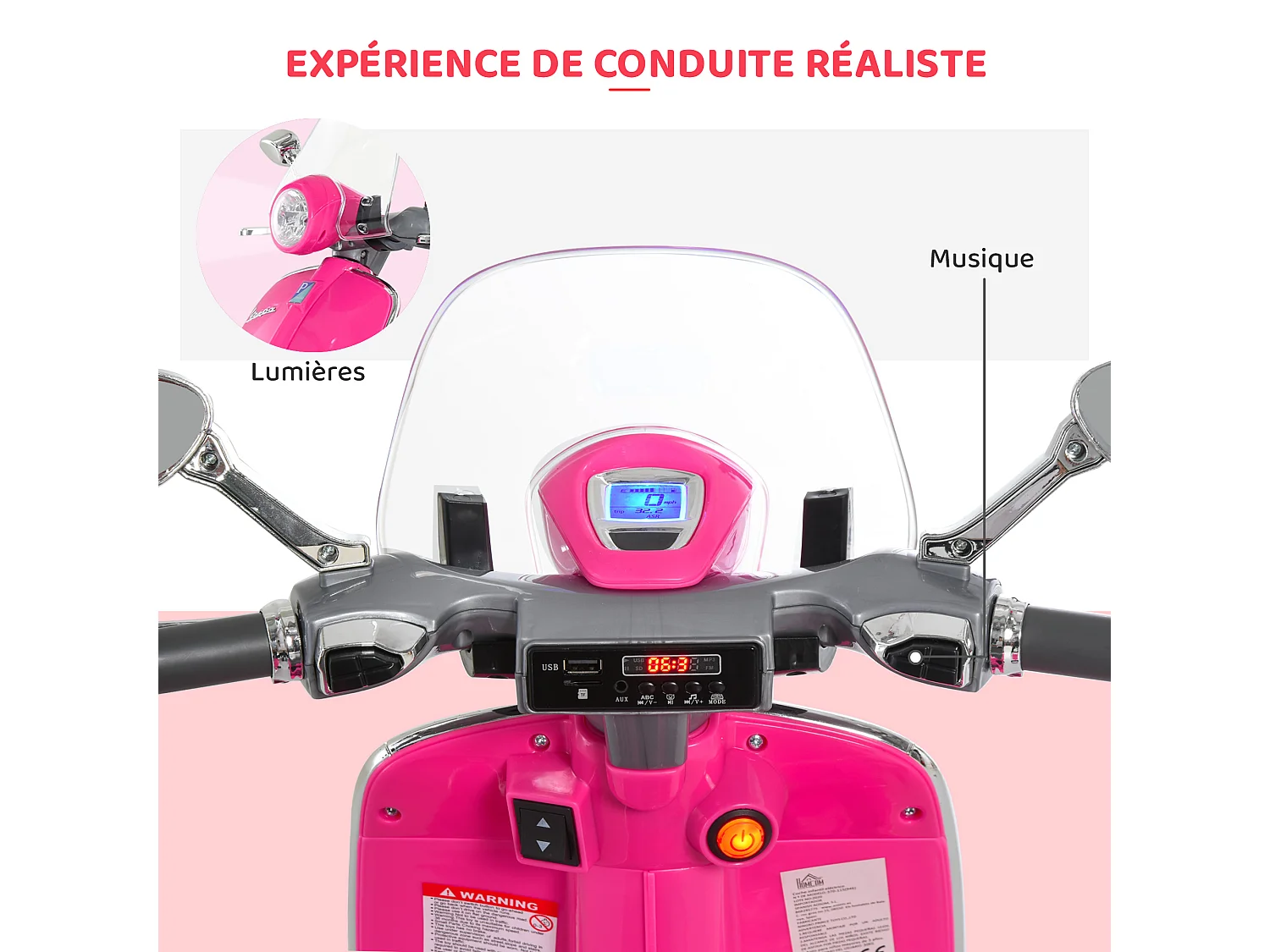 Scooter moto électrique enfant Vespa 6V 30W 2 roulettes auxiliaires effets sonores lumineux rose