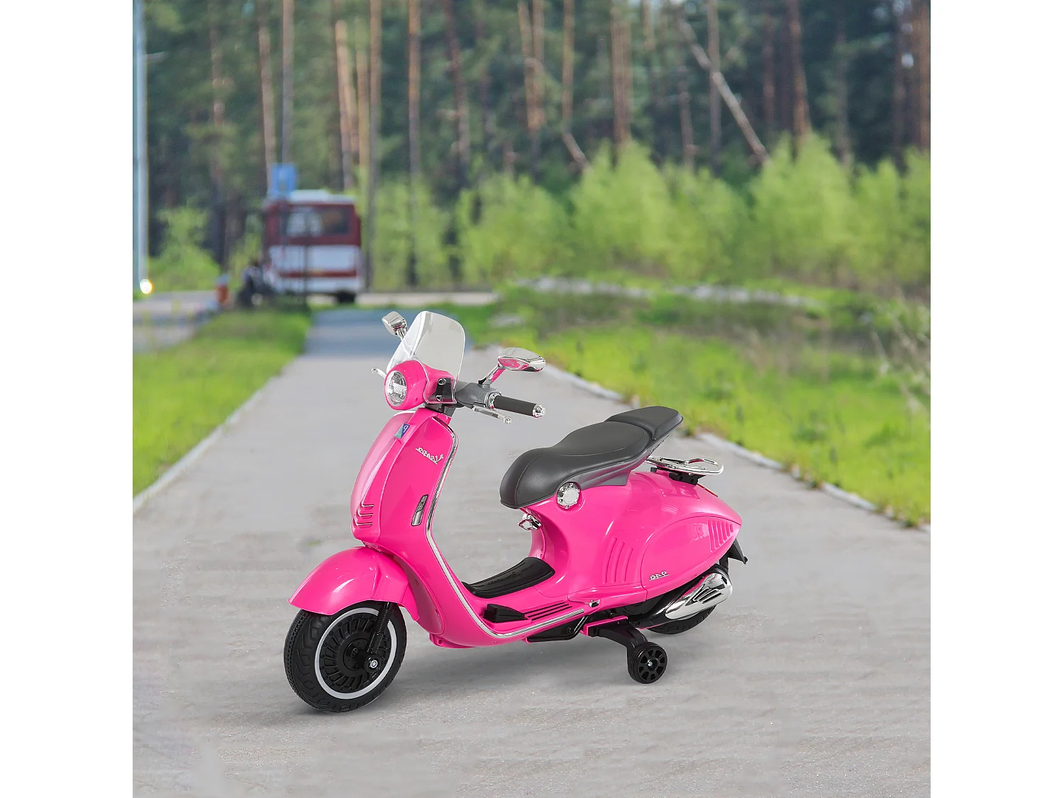 Scooter moto électrique enfant Vespa 6V 30W 2 roulettes auxiliaires effets sonores lumineux rose
