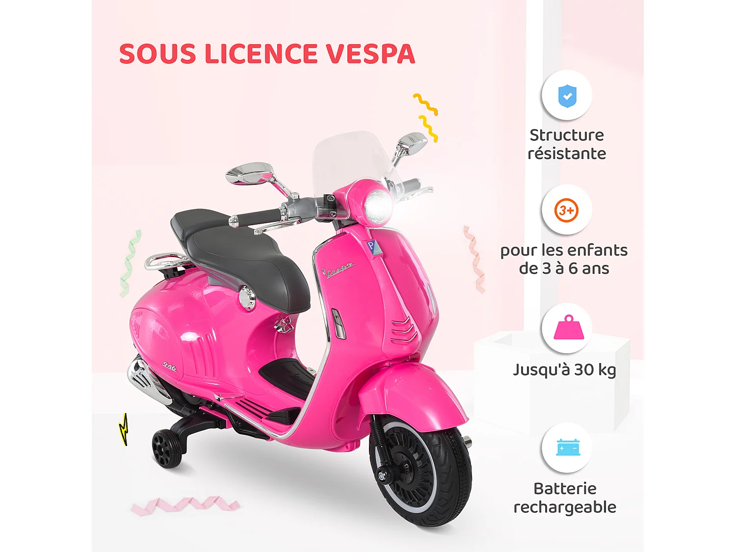 Scooter moto électrique enfant Vespa 6V 30W 2 roulettes auxiliaires effets sonores lumineux rose