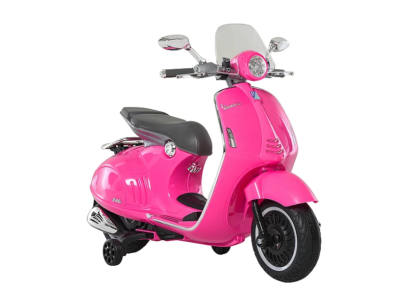 Scooter moto électrique enfant Vespa 6V 30W 2 roulettes auxiliaires effets sonores lumineux rose