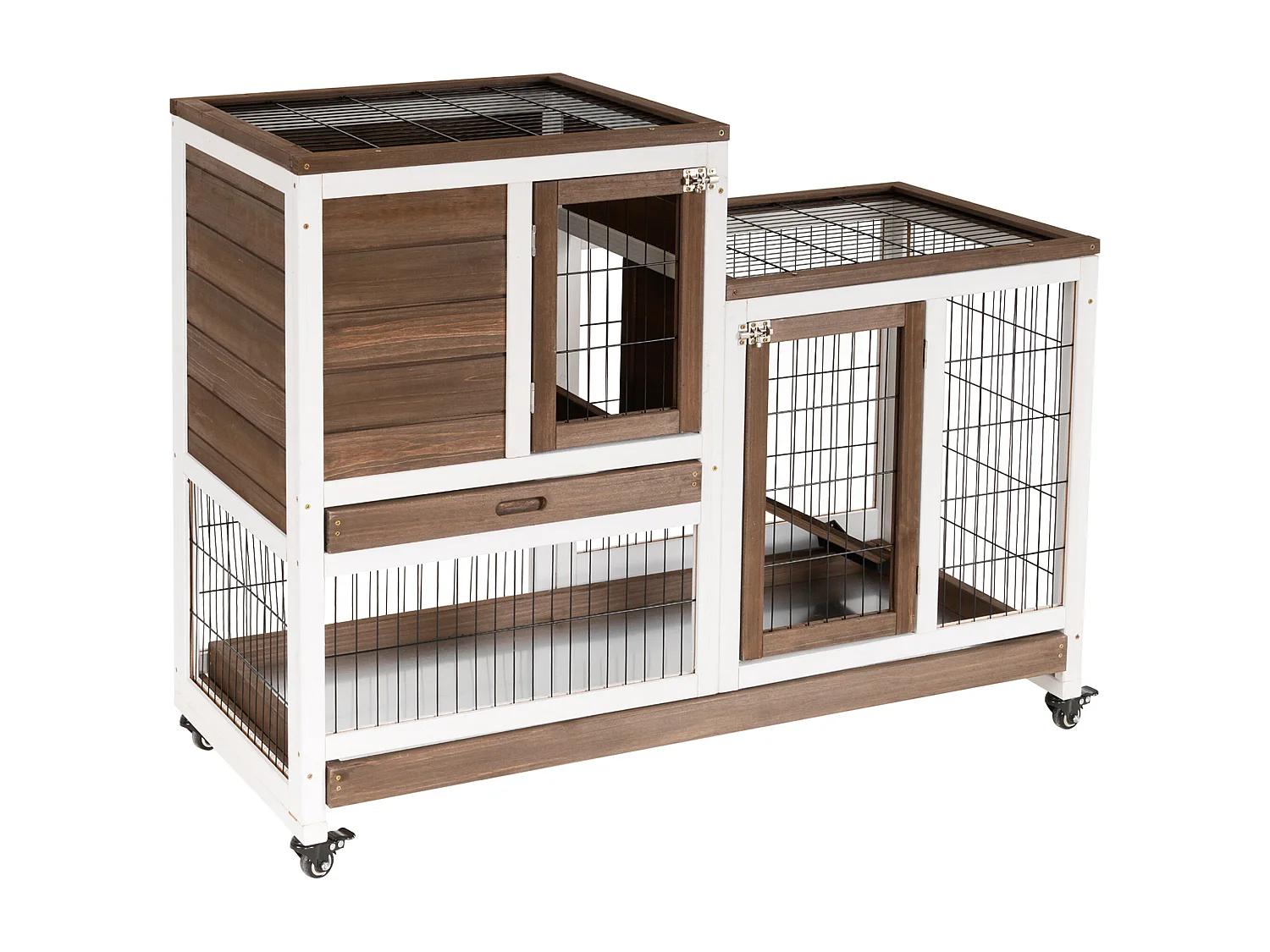 Clapier à lapin sur roulettes cage à lapin 2 étages 2 portes verrouillables 2 plateaux coulissants rampe bois de sapin marron blanc