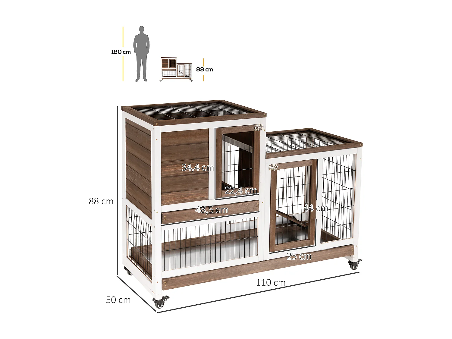 Clapier à lapin sur roulettes cage à lapin 2 étages 2 portes verrouillables 2 plateaux coulissants rampe bois de sapin marron blanc