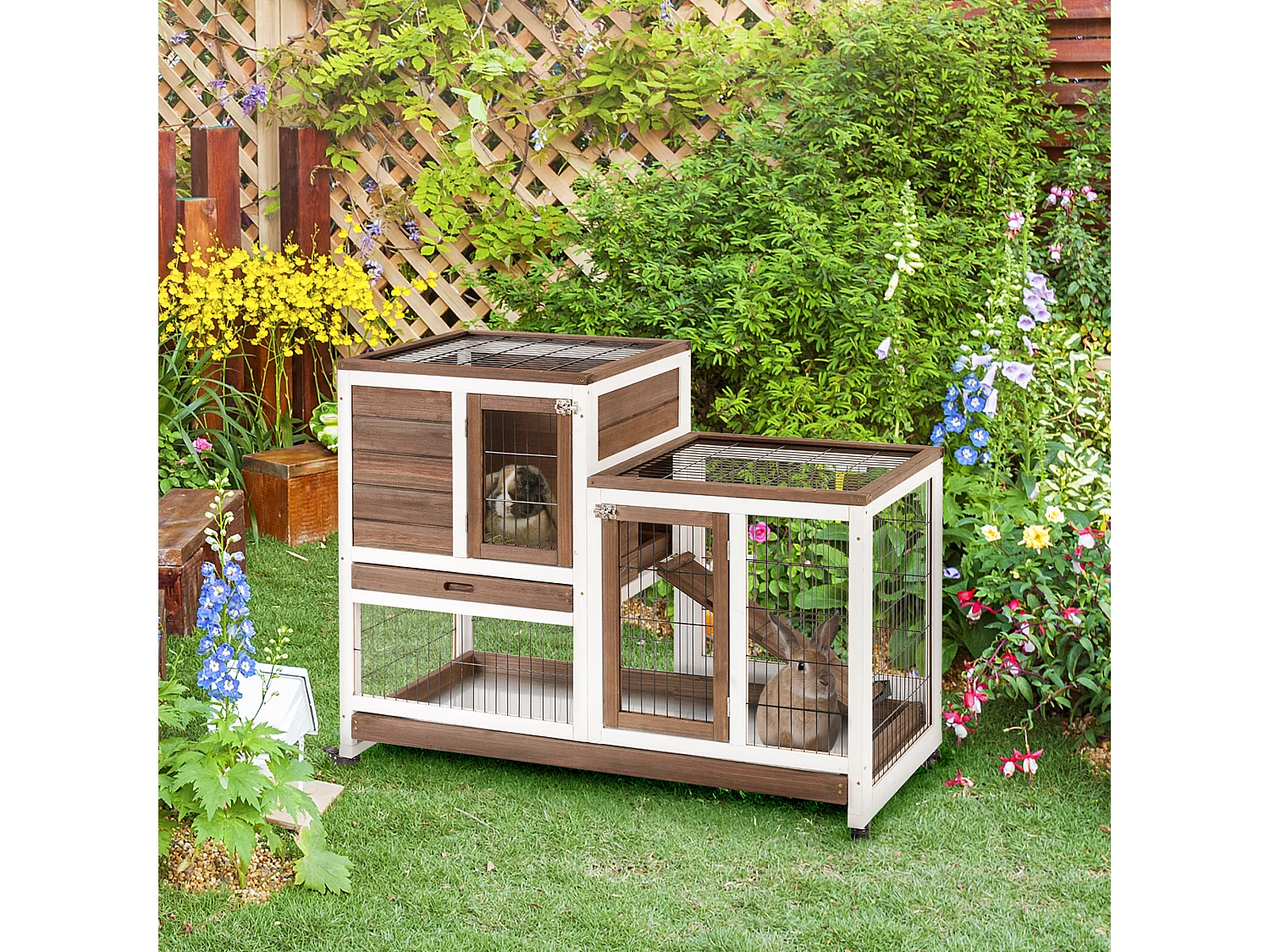 Clapier à lapin sur roulettes cage à lapin 2 étages 2 portes verrouillables 2 plateaux coulissants rampe bois de sapin marron blanc