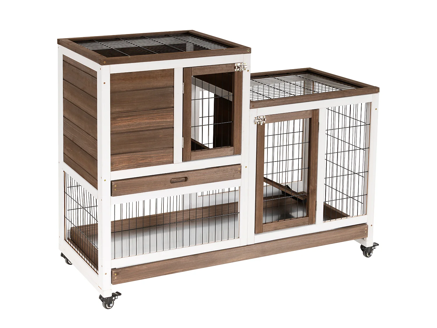 Clapier à lapin sur roulettes cage à lapin 2 étages 2 portes verrouillables 2 plateaux coulissants rampe bois de sapin marron blanc