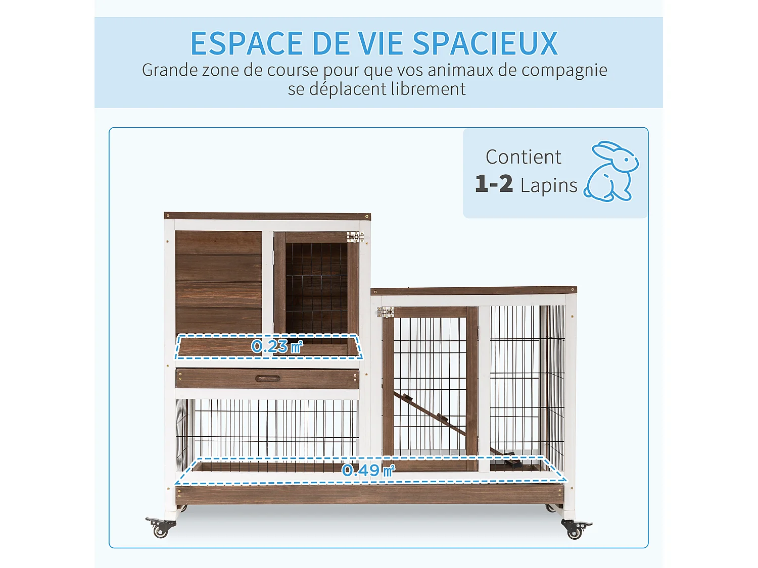 Clapier à lapin sur roulettes cage à lapin 2 étages 2 portes verrouillables 2 plateaux coulissants rampe bois de sapin marron blanc