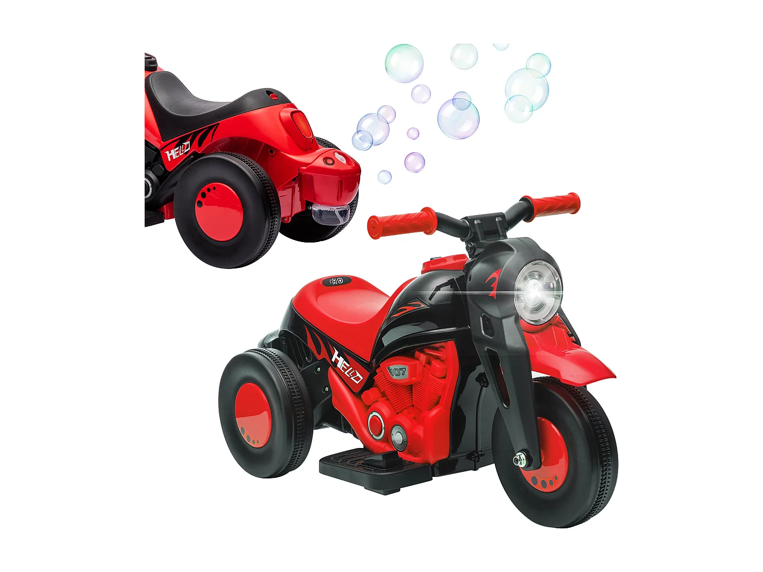 Moto électrique enfant chopper 6V env. 3Km/h 3 roues effets lumineux sonores fonction bulles rouge noir