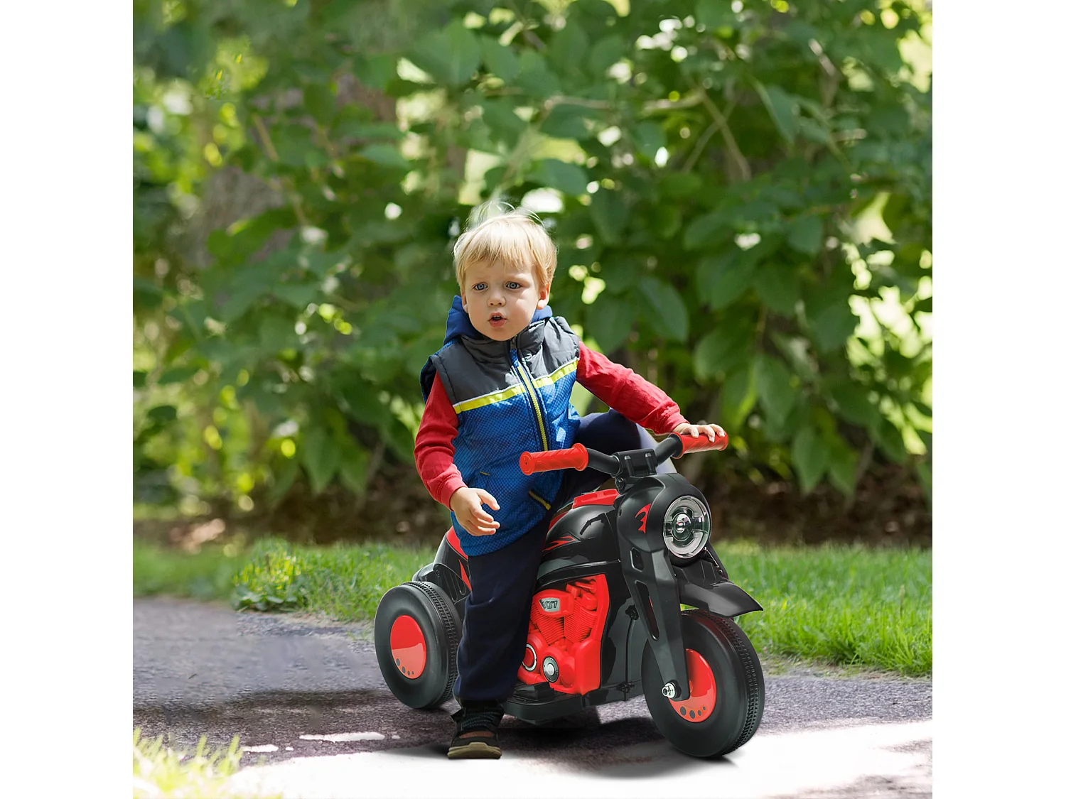 Moto électrique enfant chopper 6V env. 3Km/h 3 roues effets lumineux sonores fonction bulles rouge noir