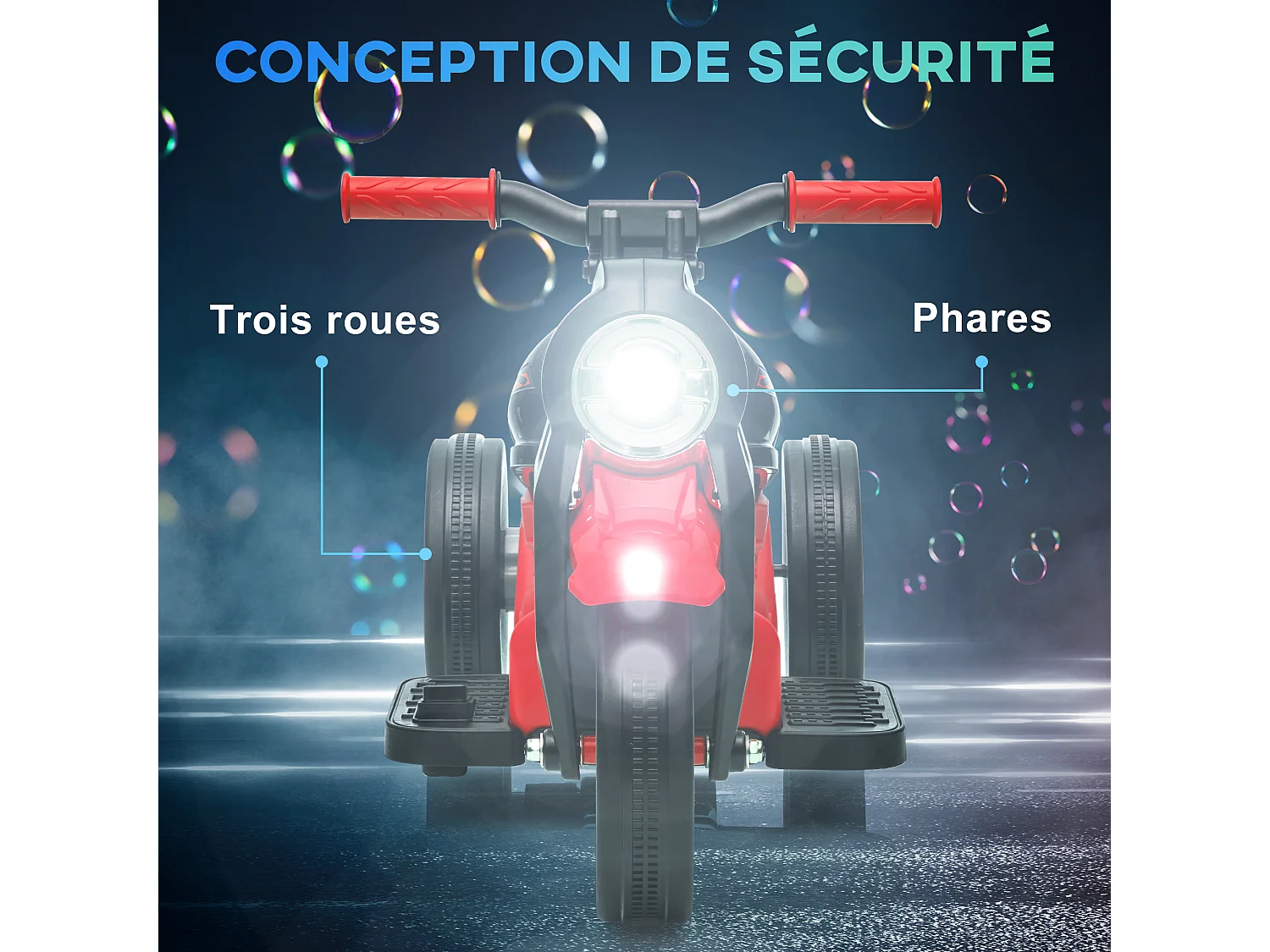 Moto électrique enfant chopper 6V env. 3Km/h 3 roues effets lumineux sonores fonction bulles rouge noir