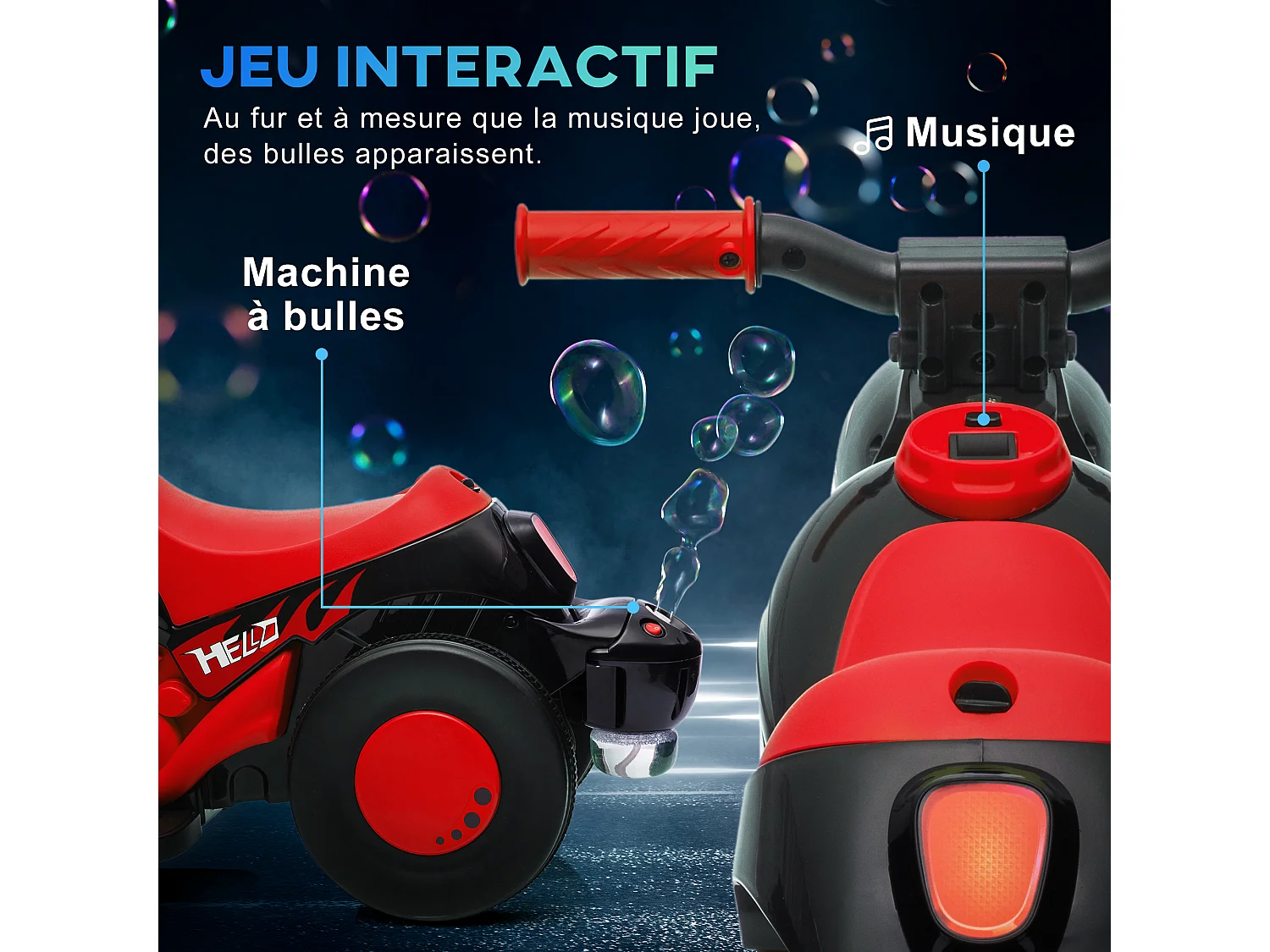 Moto électrique enfant chopper 6V env. 3Km/h 3 roues effets lumineux sonores fonction bulles rouge noir