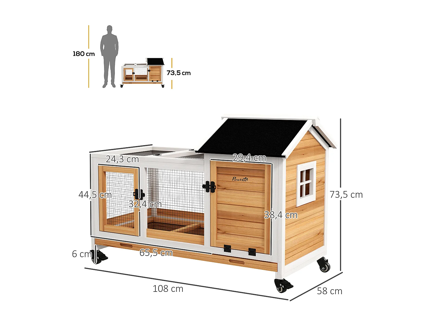 Clapier à lapin sur roulettes cage à lapin porte, rampe trappe verrouillables toit ouvrant niche bois sapin acier naturel blanc