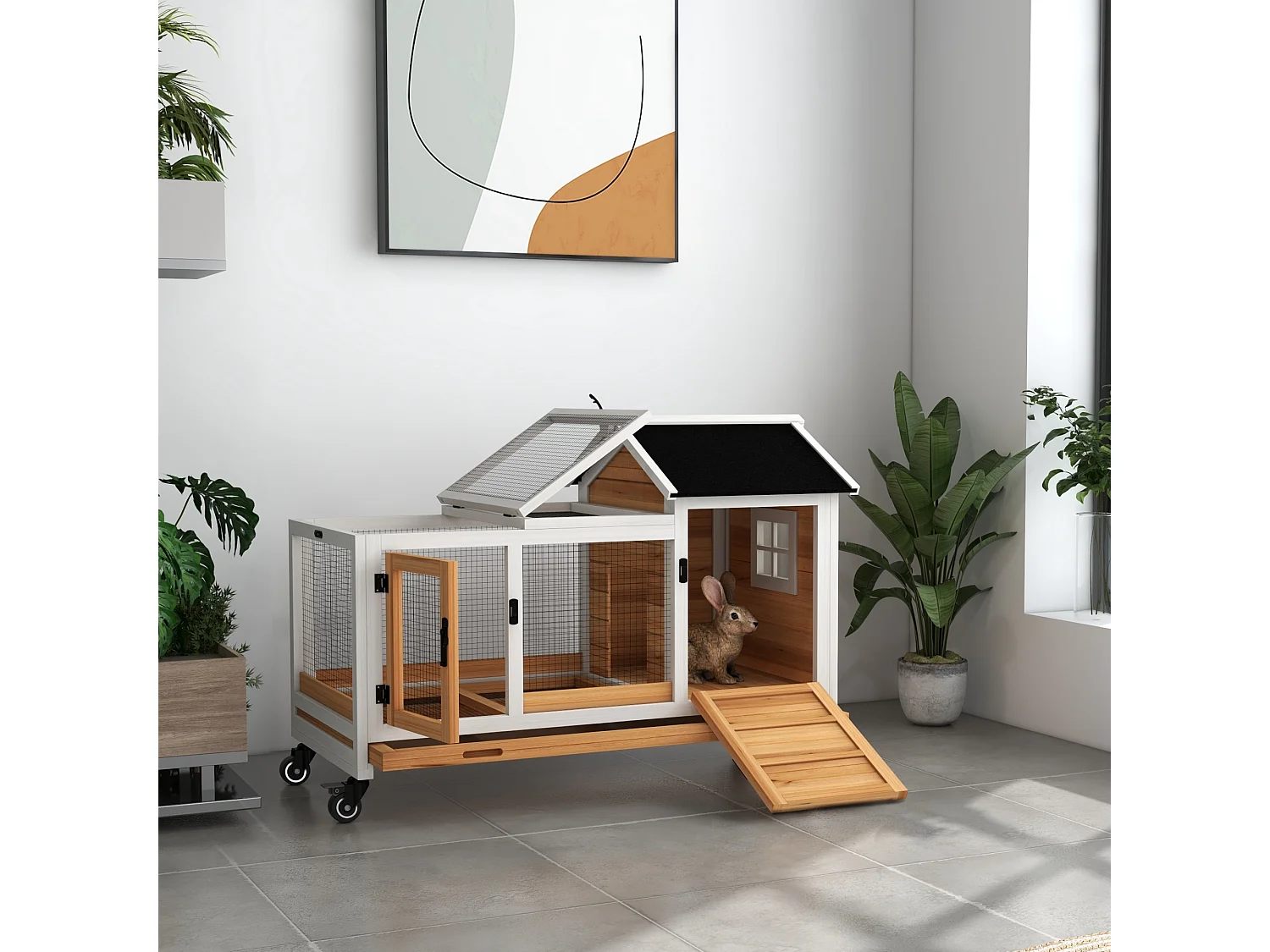 Clapier à lapin sur roulettes cage à lapin porte, rampe trappe verrouillables toit ouvrant niche bois sapin acier naturel blanc