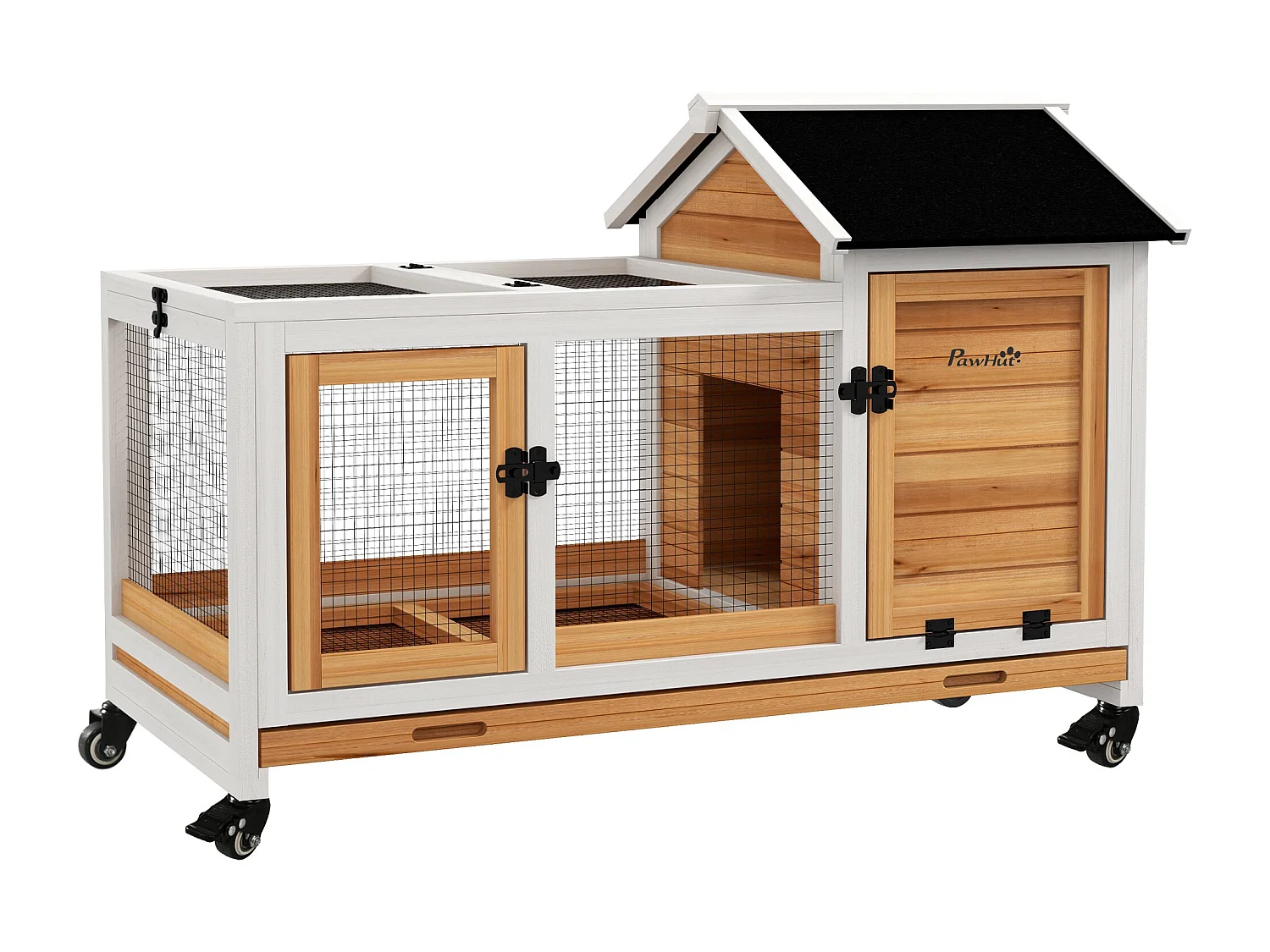 Clapier à lapin sur roulettes cage à lapin porte, rampe trappe verrouillables toit ouvrant niche bois sapin acier naturel blanc