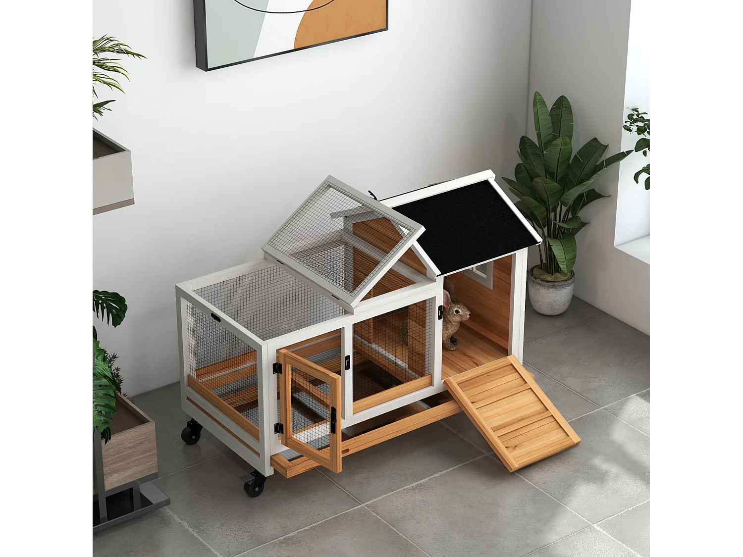 Clapier à lapin sur roulettes cage à lapin porte, rampe trappe verrouillables toit ouvrant niche bois sapin acier naturel blanc