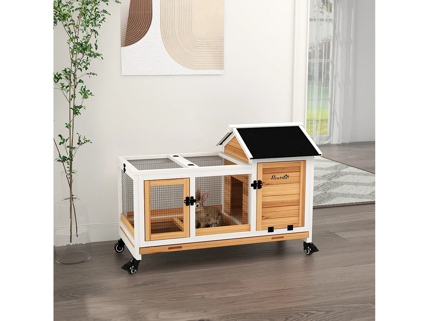 Clapier à lapin sur roulettes cage à lapin porte, rampe trappe verrouillables toit ouvrant niche bois sapin acier naturel blanc