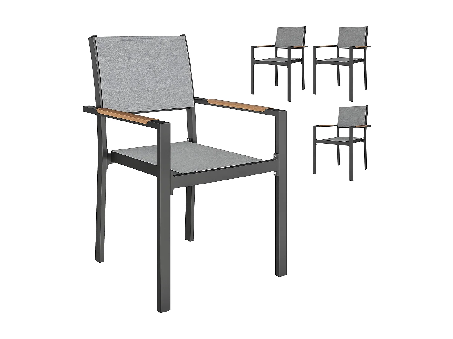 Lot de 4 chaises de jardin assise dossier textilène structure alu accoudoirs revêtement PVC effet bois