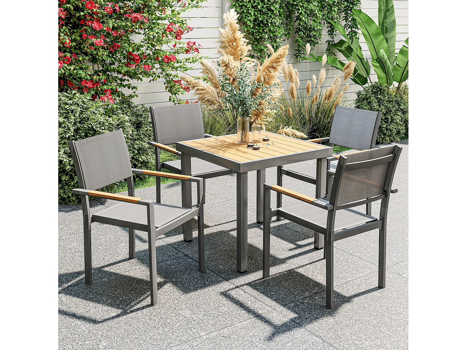 Lot de 4 chaises de jardin assise dossier textilène structure alu accoudoirs revêtement PVC effet bois