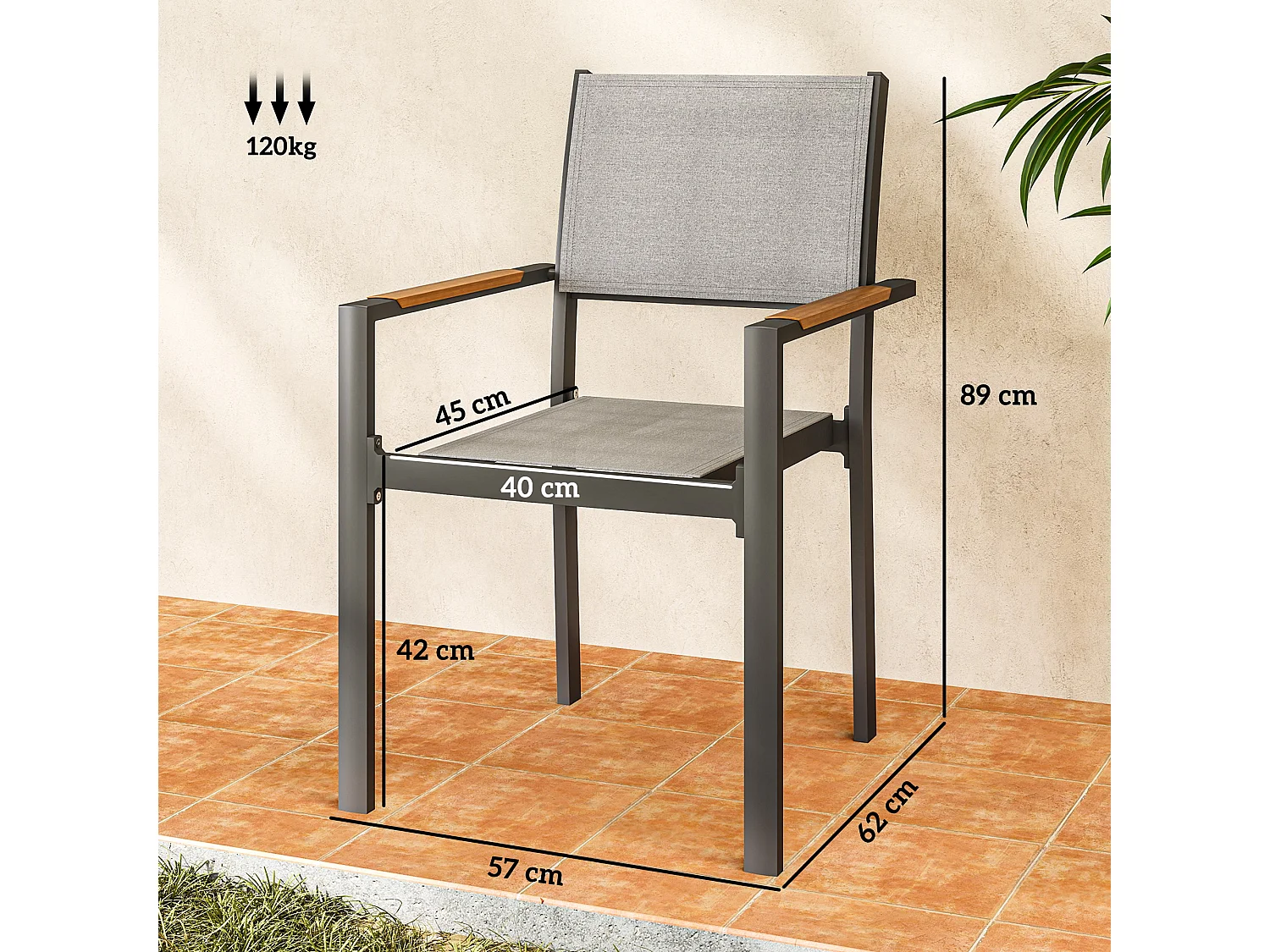 Lot de 4 chaises de jardin assise dossier textilène structure alu accoudoirs revêtement PVC effet bois